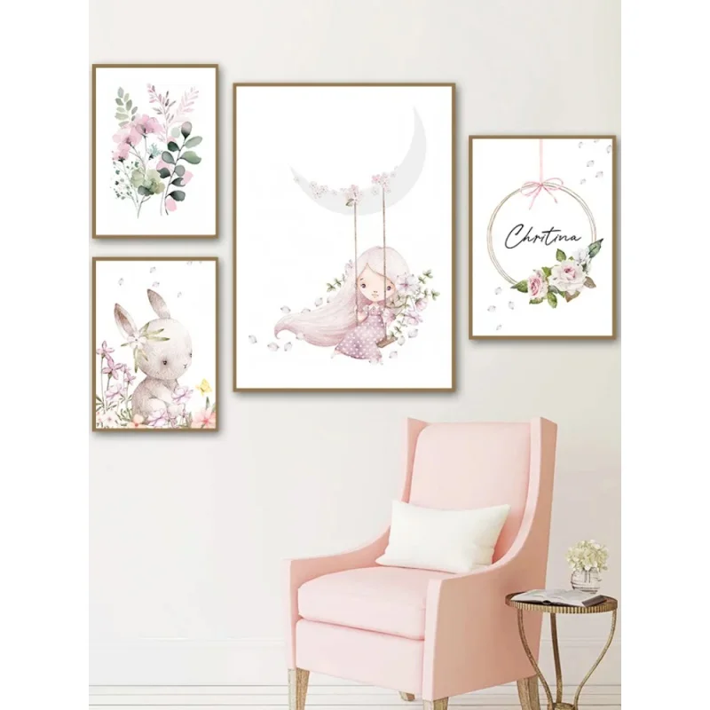 Resin Art On Wall - ภาพศิลปะติดผนังสไตล์การ์ตูนนอร์ดิก กระต่ายสีชมพู ดอกไม้ ชื่อเด็ก ปรับแต่งได้ ภาพพิมพ์