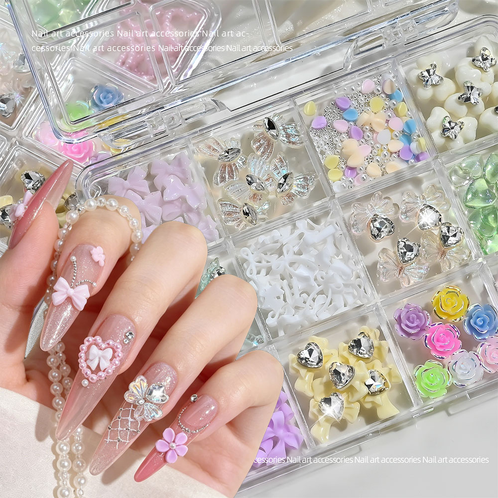 Resin Art Rose Petals - ชุดตกแต่งเล็บ 12 ช่อง ประกอบด้วยเรซิ่นรูปโบว์ กุหลาบ ผีเสื้ออ