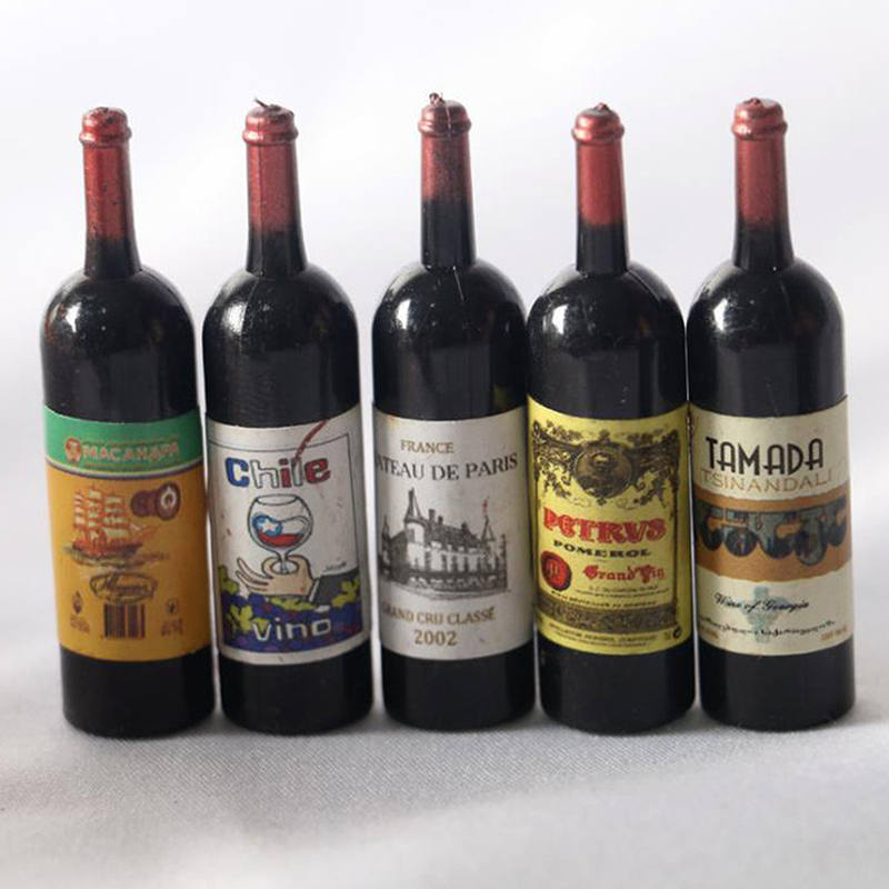Resin Art Bottle - 5 ชิ้น 1/12 ตุ๊กตาจิ๋วขวดไวน์จำลองอุปกรณ์เสริมสำหรับตกแต่ง