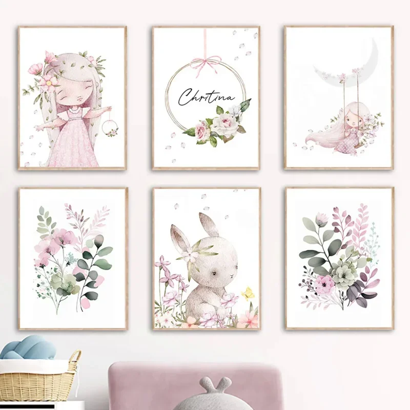 Resin Art On Wall - ภาพตกแต่งผนังสไตล์การ์ตูนนอร์ดิก กระต่ายสีชมพู ดอกไม้ ชื่อเด็ก ปรับแต่งได้ ภาพพิมพ์