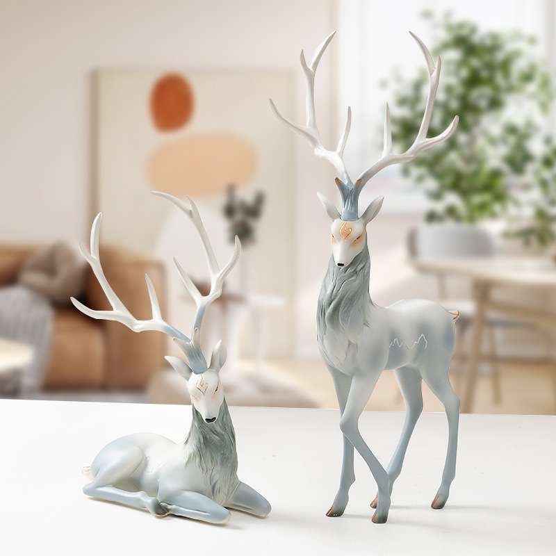Resin Art Anniversary Gift - ของตกแต่งงานฝีมือเรซินรูปกวางเอลค์สไตล์หรูหราเบาๆ ของตกแต่งบ้านสีเบจและสีน้ำเงิน ของตกแต่งระดับไฮเอนด์สำหรับห้องนั่งเล่น ห้องทำงาน และเฉลียงศิลปะ