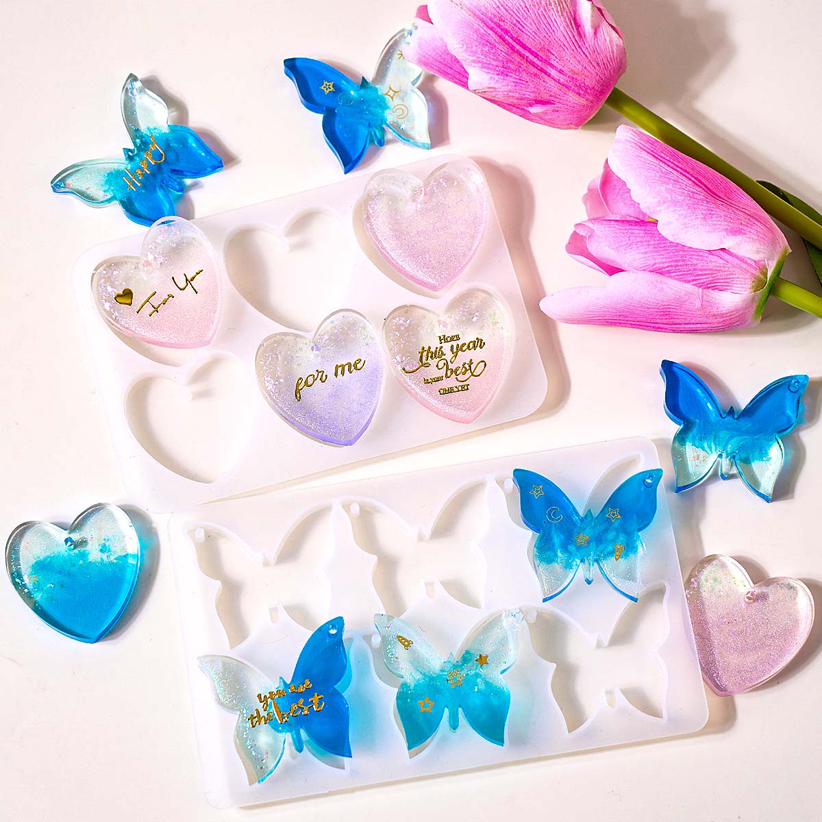 Resin Art Heart - แม่พิมพ์ซิลิโคนรูปหัวใจผีเสื้อแบบหกหลุมสำหรับทำต่างหูเรซิ่นอีพ็อกซี่ DIY จี้พวงกุญแจ งานฝีมือเครื่องประดับ
