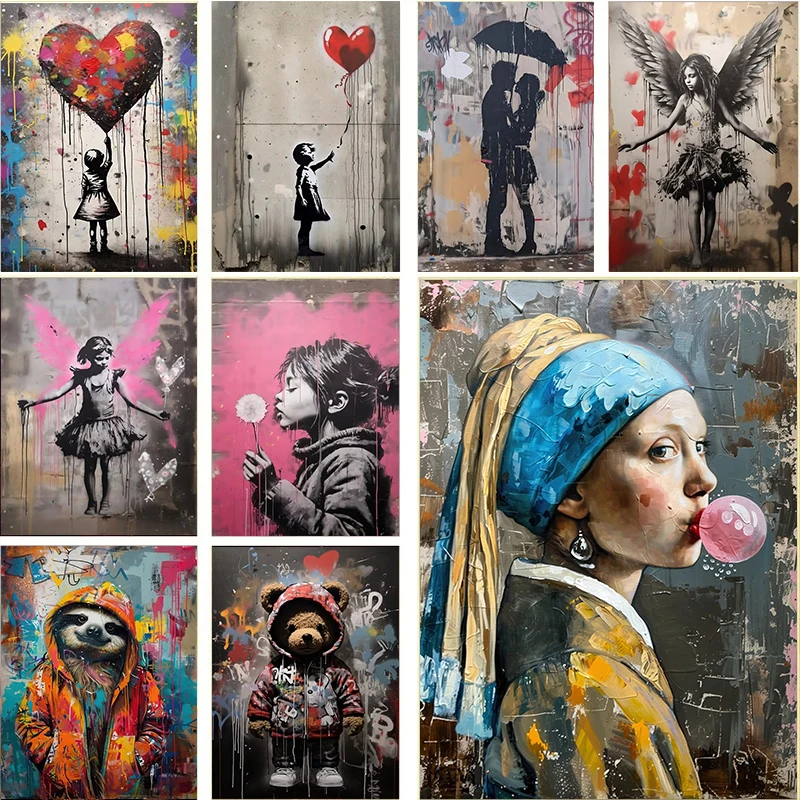 Resin Art On Wall - ภาพพิมพ์กราฟฟิตี้ของแบงก์ซี่ รูปเด็กชายเด็กหญิงถือลูกโป่งบนเสาเพชร ภาพพิมพ์ศิลปะป๊อปสตรีทติดผนัง สำหรับตกแต่งห้องนั่งเล่นและบ้าน