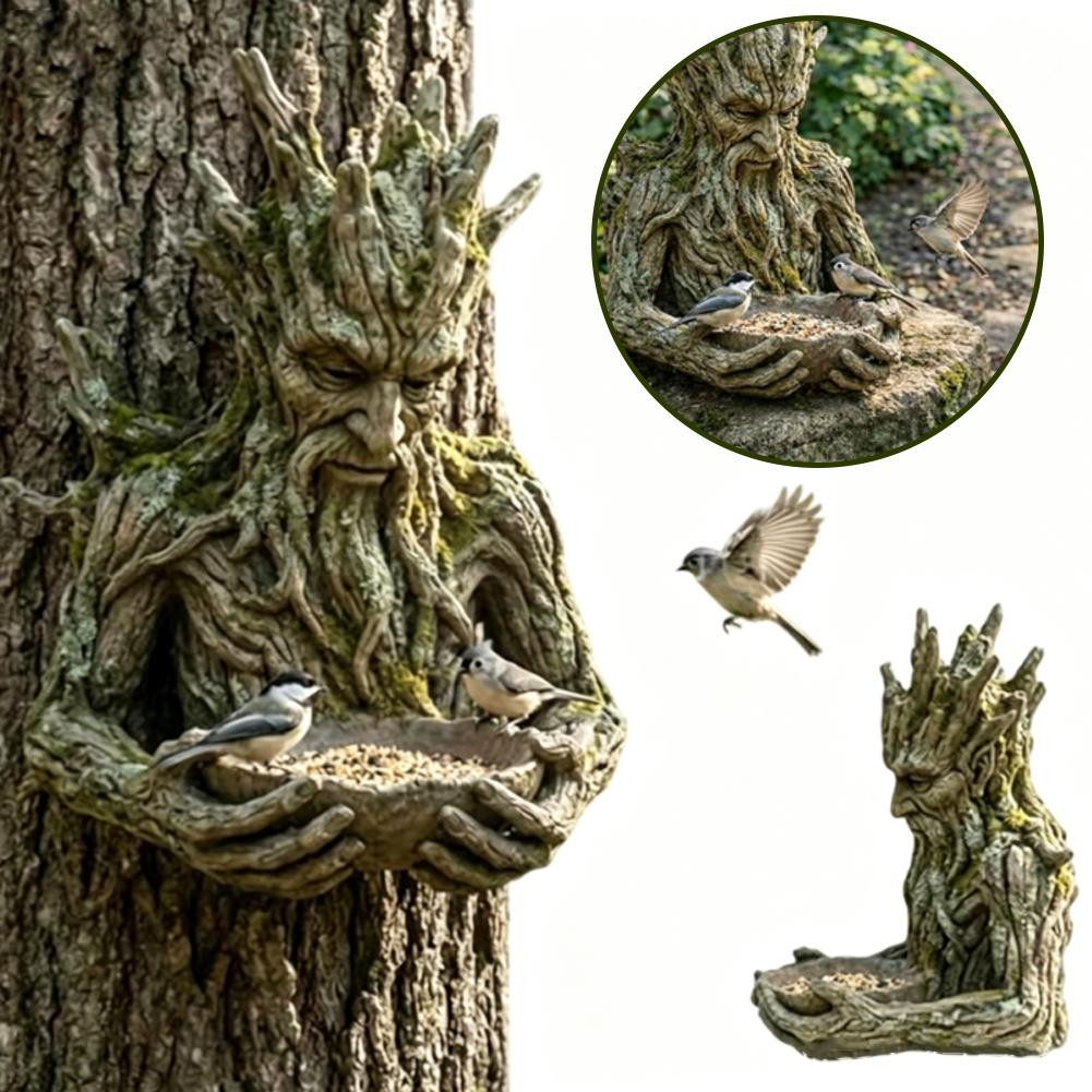 Resin Art On Wood - ที่ให้อาหารนกแบบติดตั้งบนลำต้นไม้ รูปปั้นชายชรา ทำจากเรซิ่น ตกแต่งสวนหลังบ้าน ของตกแต่งศิลปะกลางแจ้ง