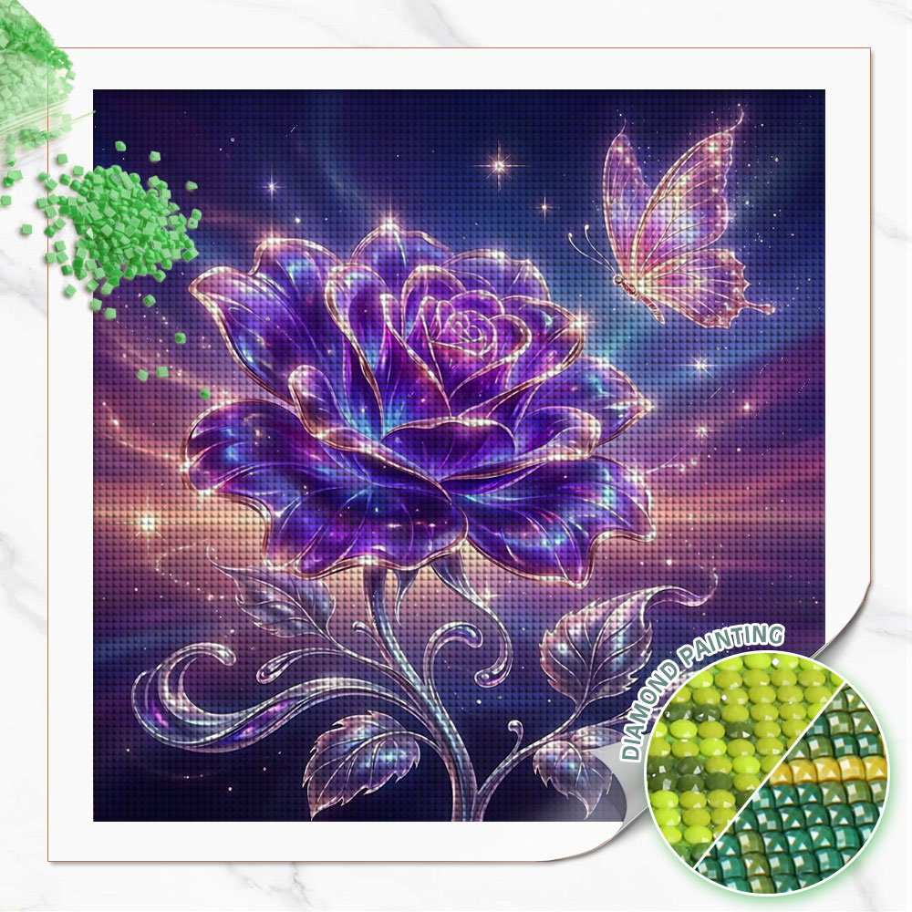 Resin Art Rose - ภาพวาดเพชรทรงกลมเต็มรูปแบบ Huacan ลายดอกกุหลาบ ผีเสื้อ ภาพโมเสกเพชร ดอกไม้