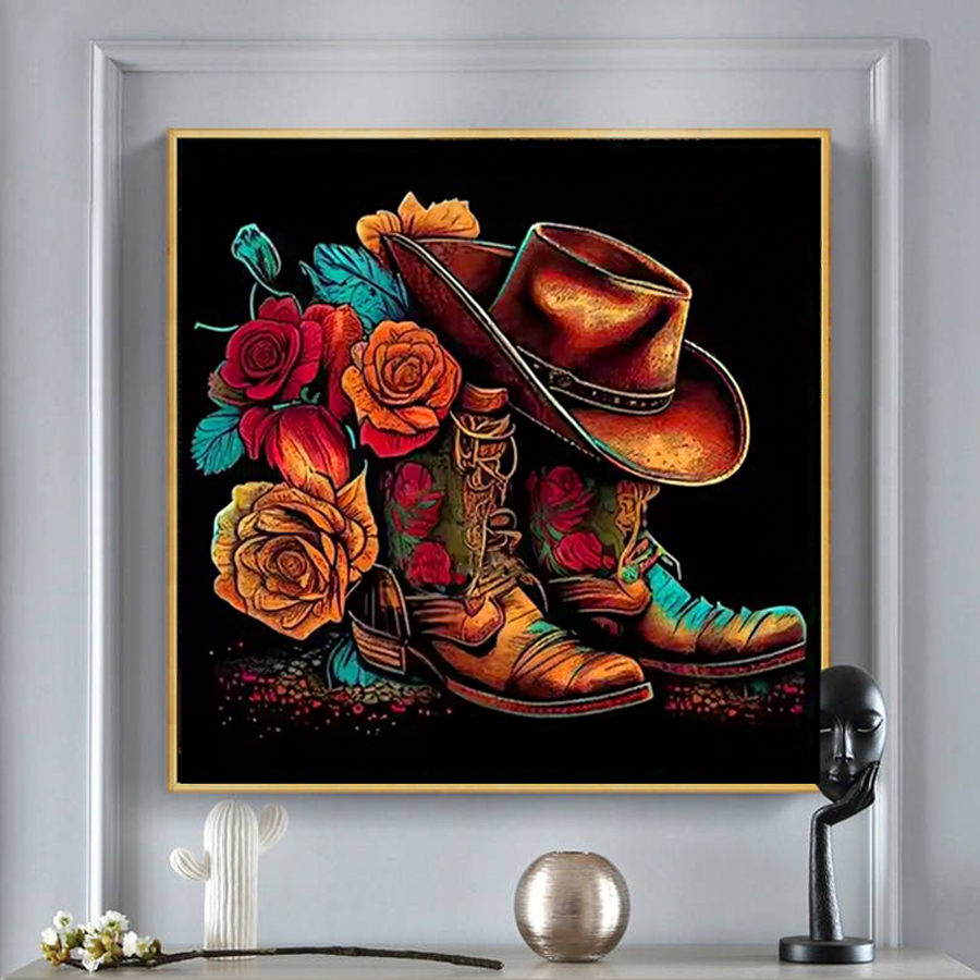 Resin Art Rose - หมวกคาวบอยรองเท้าเพชรจิตรกรรมชุดตกแต่งบ้านเต็มรูปแบบรอบเย็บปักถักร้อยโมเสค Rose ภูมิทัศน์หัตถกรรม Wall decor art