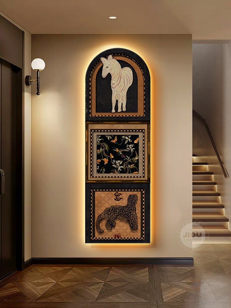 Resin Art On Wood - ภาพตกแต่งทางเข้าสไตล์อาร์ตเดโค ภาพวาดตกแต่งทางเดินฝรั่งเศส ภาพแขวนผนังสำหรับห้องนั่งเล่น ภาพติดผนังพร้อมไฟประดับ