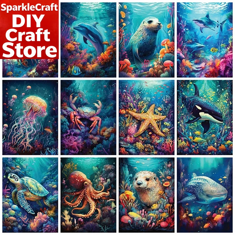 Resin Art On Wall - ชุดภาพวาดเพชรแบบไร้กรอบ 1 ชิ้น รูปทรงสี่เหลี่ยมจัตุรัสและวงกลม ลายโลมาและเต่าทะเล สำหรับตกแต่งบ้าน