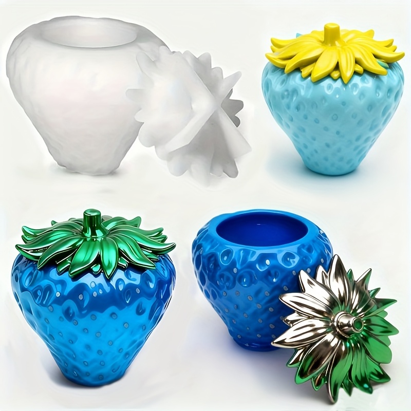 Resin Art Case - แม่พิมพ์เรซิ่นรูปสตรอว์เบอร์รี่ 1 ชิ้นพร้อมฝาปิด, กล่องเก็บเครื่องประดับ DIY, โถเก็บปูนปลาสเตอร์,