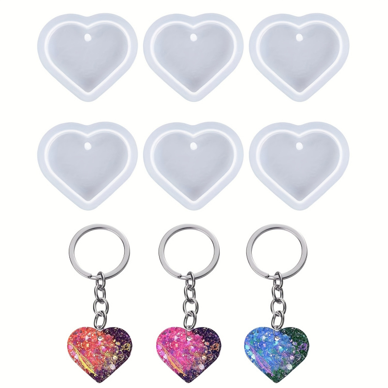 Resin Art Heart - ชุดแม่พิมพ์เรซิ่นรูปหัวใจ 6 ชิ้น, แม่พิมพ์ซิลิโคนรูปหัวใจสำหรับทำพวงกุญแจ, แม่พิมพ์รูปหัวใจน่ารักพร้อมรูสำหรับใช้ DIY